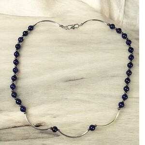 Modernist Blue Bead Necklace Silver Tone Curved Bar Sculptural Statement